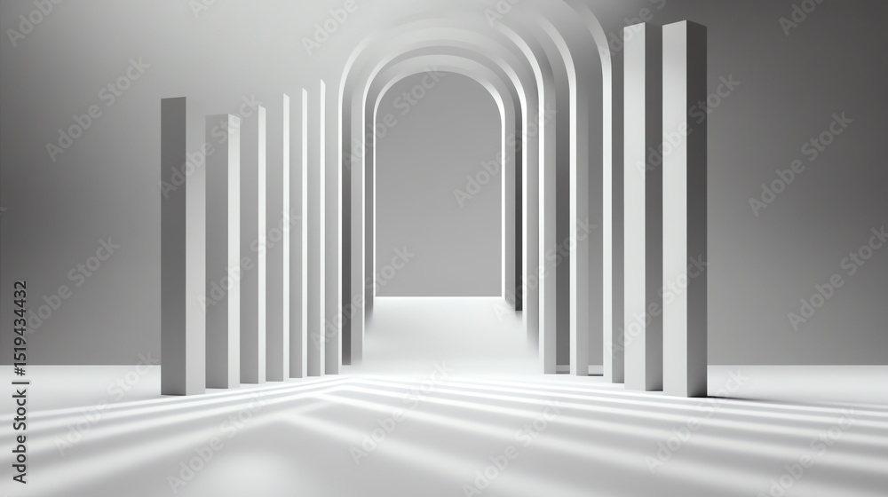 Aufkleber a modern, minimalistic architectural space featuring white pillars and arches, creating a sense of d