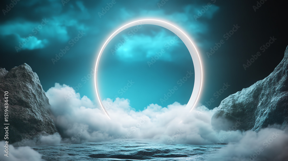 Poster a mystical circular portal emerges from the misty clouds, showcasing an ethereal atmosphere and dram