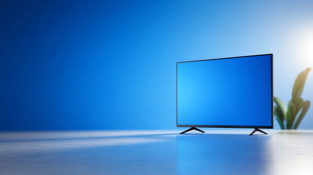 A modern television set with a blank screen and a vibrant blue background, perfect for showcasing digital content and innovations.