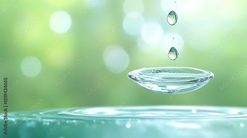 Poster a serene close-up of a water droplet falling onto a tranquil surface, creating ripples in a soft, bl