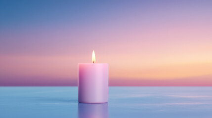 A serene candle glowing softly against a pastel sunset, creating a calming ambiance ideal for relaxation and meditation.