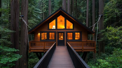 Cozy wooden cabin nestled among towering trees with warm glow emanating from windows at dusk