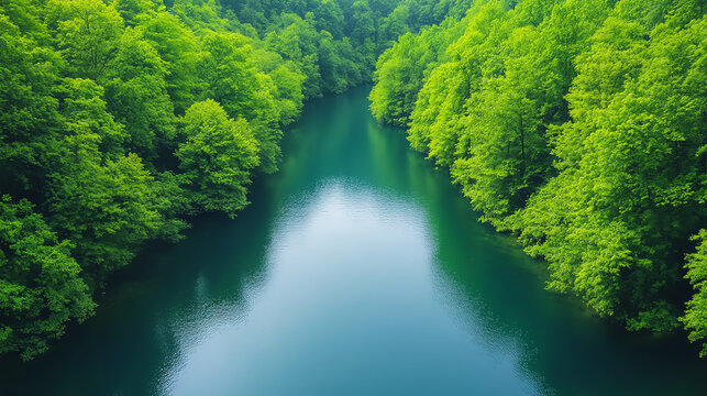 A serene view of a tranquil river surrounded by lush green trees, reflecting the beauty of nature in a peaceful setting.