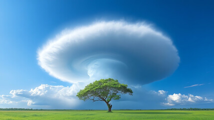 Fototapeta premium A solitary tree stands beneath a magnificent cloud formation, showcasing nature's beauty and the grandeur of the sky.