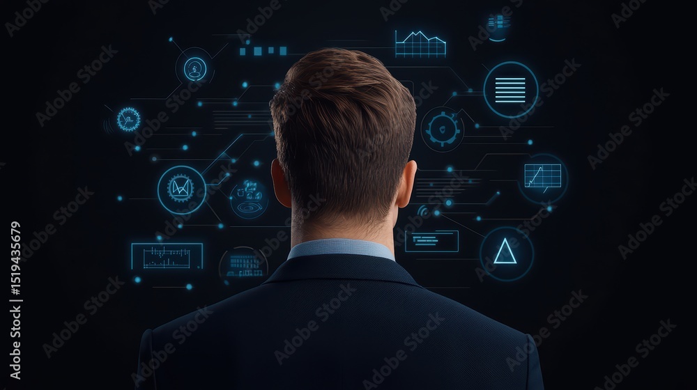 Poster business professional analyzing futuristic data visualizations in a dark environment with blue graph