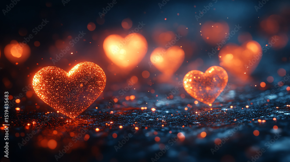 Poster a stunning display of glowing hearts in a mystical blue background, creating a romantic and enchanti
