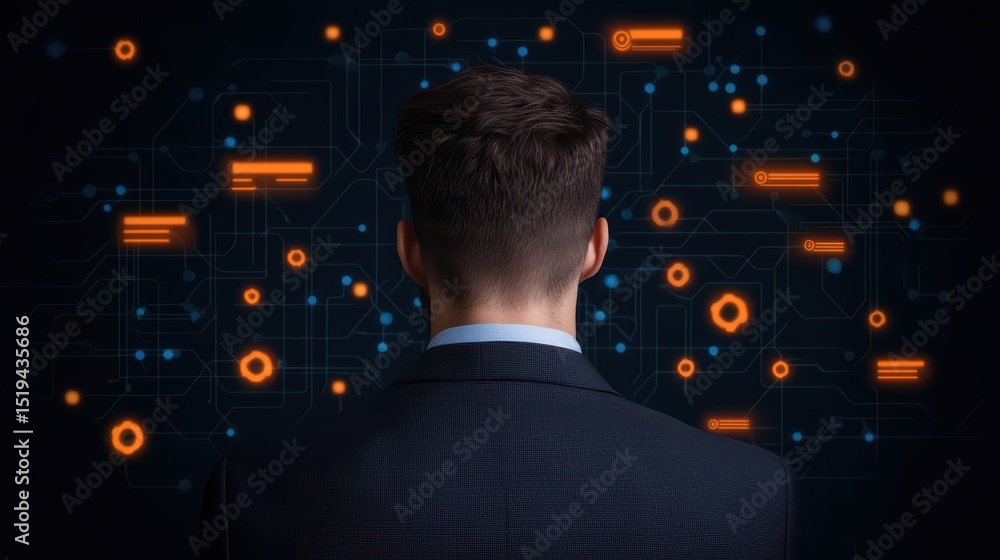 Poster businessman analyzing data and technology trends in a digital network environment