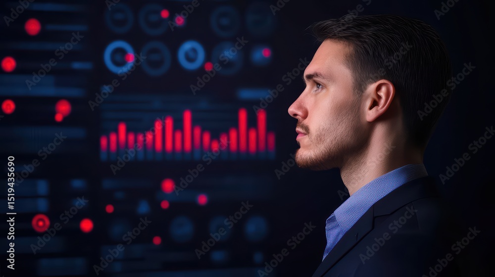 Poster young businessman analyzing data visualization on digital screen in modern office setting for decisi