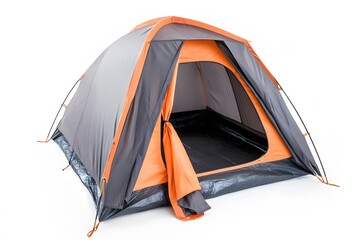 A gray and orange camping tent with an open door is set up on a white background in a studio setting