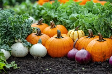Fresh pumpkins in a vibrant colorful vegetable garden on farm