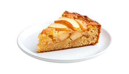 Delicious apple cake slice on a white plate, showcasing a golden crust and juicy apple pieces, perfect for desserts.
