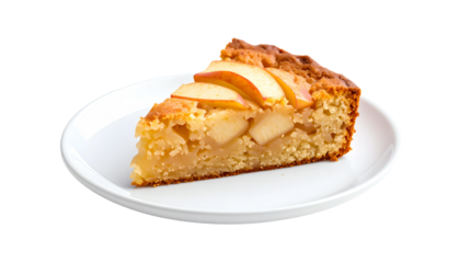 Delicious apple cake slice on a white plate, showcasing a golden crust and juicy apple pieces, perfect for desserts.