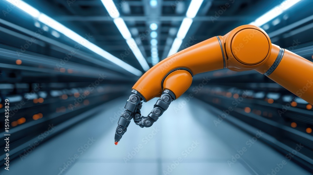 Poster innovative robotic arm technology in industrial automation with orange and metal design highlighted 