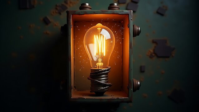 Vintage edison light bulb glowing in metal box creative idea concept - Powered by Adobe