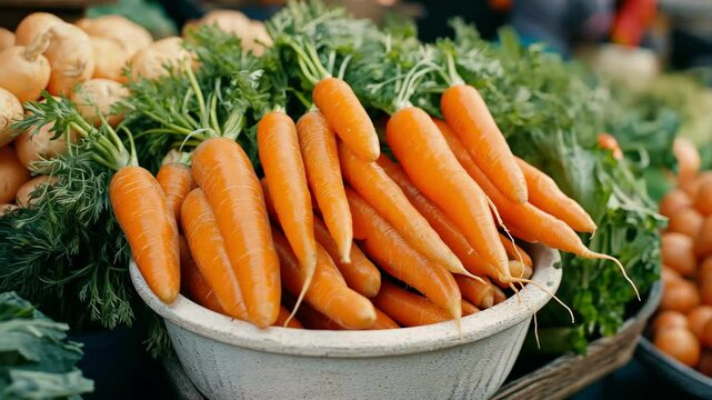 Fresh organic carrots with green tops in bowl, healthy food at farmer's market.