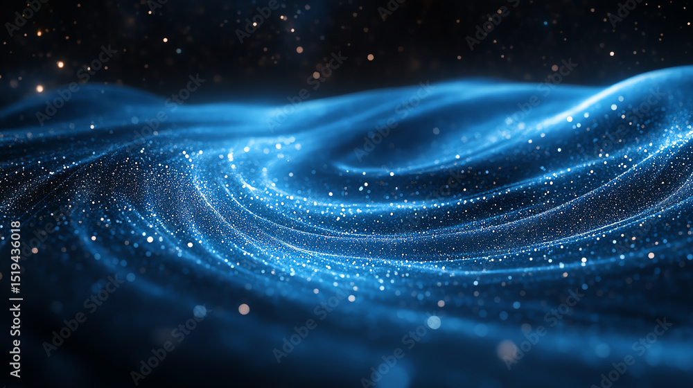 Poster a stunning visualization of waves of energy, featuring sparkling particles and deep blue tones that 