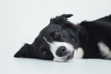 Serene mixed-breed dog resting on its side with a soft smile and smooth fur, representing harmony and calm presence