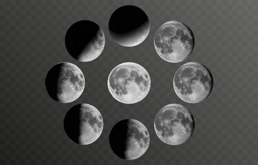 Set of realistic vector moon on an isolated transparent background. Moon vector png.