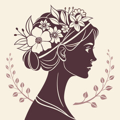 Fashionable woman with floral ornaments in her beautiful hair