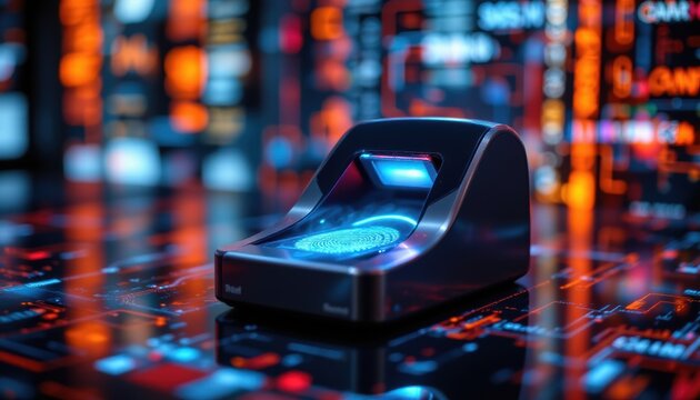 cybersecurity and data protection in the digital age concept: a modern biometric fingerprint scanner sits prominently in the center of the image - Powered by Adobe