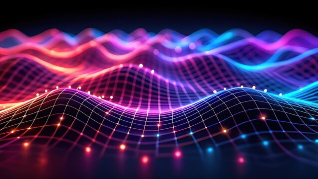 Colorful glowing grid wave pattern with flowing neon lines in purple, pink, red, and blue hues creating a dynamic, futuristic digital landscape