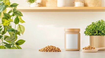 Minimalistic scene with natural supplements, leafy plants, and wooden decor in a bright and airy environment