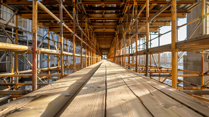 Wooden Scaffolding Tunnel: Perspective and Rhythmic Support Structure