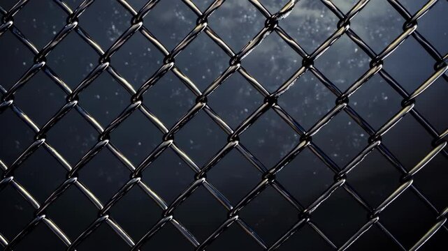 Close-up of a steel chain link fence on a dark background. The fence creates a strong pattern.