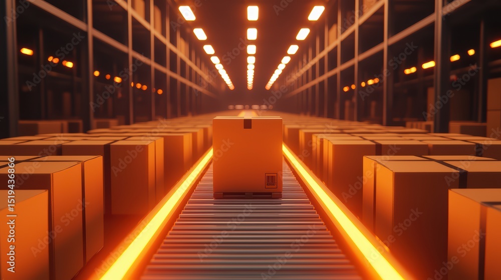 Poster automation in modern warehouse with boxes on conveyor belt under glow lights at distribution center