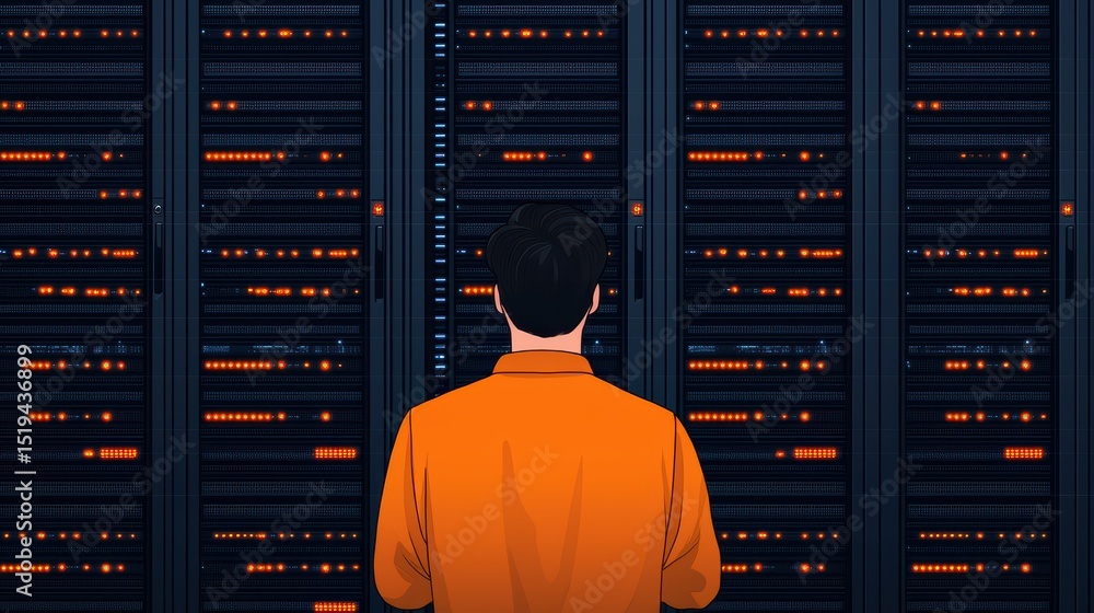 Poster professional technician analyzing data on computer server rack with bright led lights in data center
