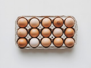 A top down view of fifteen eggs in a cardboard carton on a white background studio shot overhead view