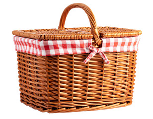 Wicker Picnic Basket with Red Checkered Cloth isolated on transparent or white background	
 