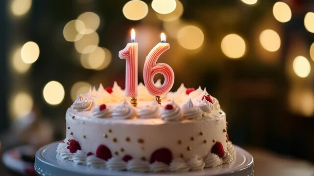 Celebrating a 16th Birthday with Cake and Candles in Warm Cozy Atmosphere
