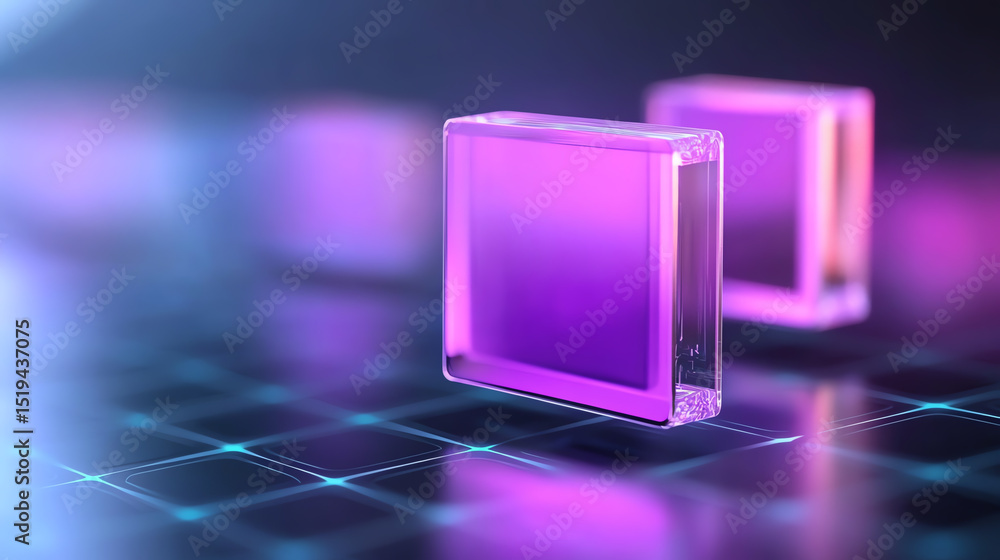 Poster Abstract representation of technology featuring translucent purple cubes on a digital grid, symbolizing innovation and creativity.