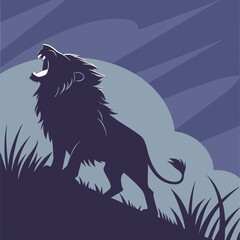 Roaring Lion Silhouette Against a Cloudy Moonlit Sky Illustration Art