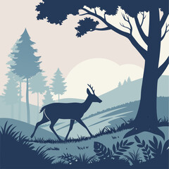 Silhouette deer in a serene forest landscape with trees and hills