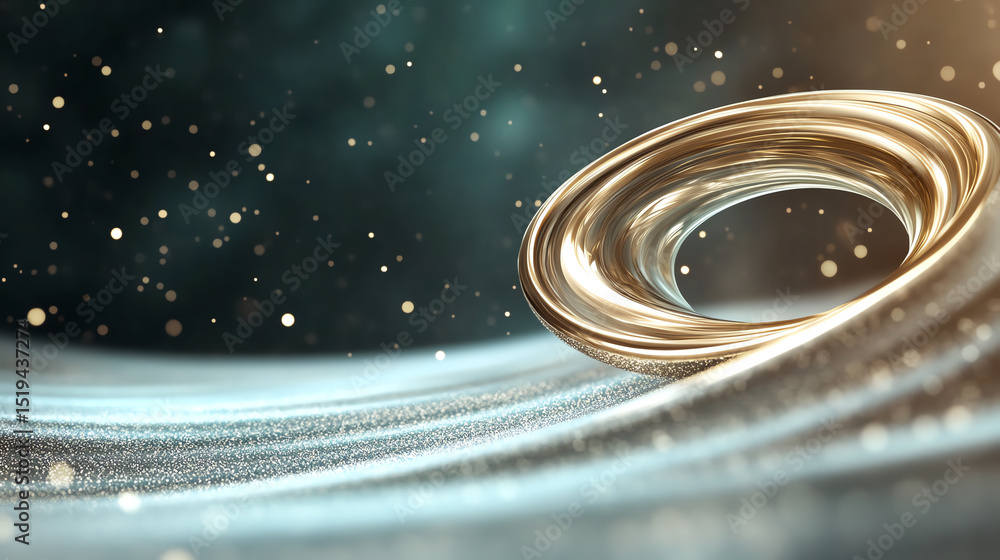 Poster an abstract representation of a golden ring floating amidst sparkling particles, suggesting a sense 