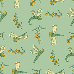 Vector Seamless Pattern of Dragonfly Animal Mimosa Background for Fashion Wrapping Print Fabric Surface