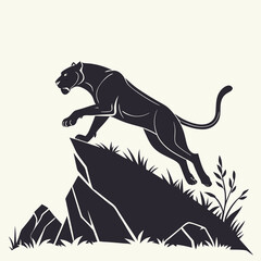 Obraz premium Bold Black Panther Leaping from Rocky Cliff, a Majestic Silhouette Illustration