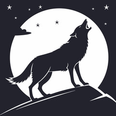 Silhouette of a Wolf Howling at the Moon under a Starry Sky