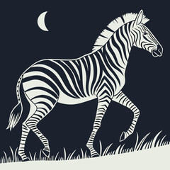 Zebra in Grassy Field under Crescent Moon, Vector Illustration with Clean Lines