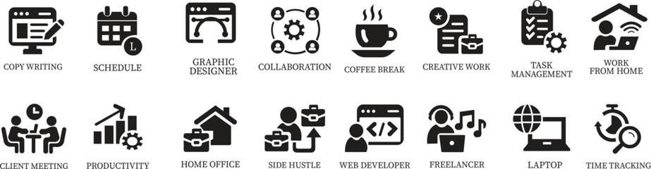 Freelance icon set.Freelance & Productivity Icons A Clean and Stylish Collection.Containing work online, freelancer, laptop, home office, client meeting, self-employed, graphic designer and more.