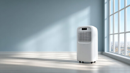 Chilled Air Unit in Calm Space: A portable air conditioning unit stands serenely, emanating a sense of cool tranquility. The room is softly lit, evoking peacefulness and comfort.