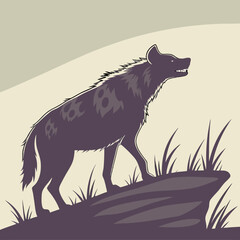 Illustration of a hyena standing on a rock formation against a pale background
