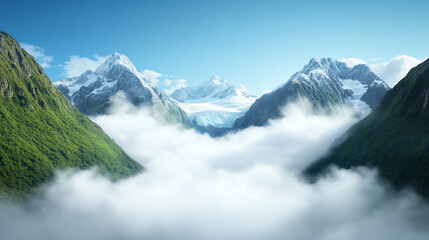 Breathtaking mountain landscape with snow-capped peaks and lush greenery above the clouds, capturing nature's beauty and serenity.