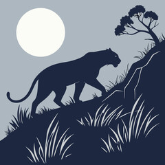 Silhouette of a panther ascending a hill under a bright full moon © Bashir Ahammed