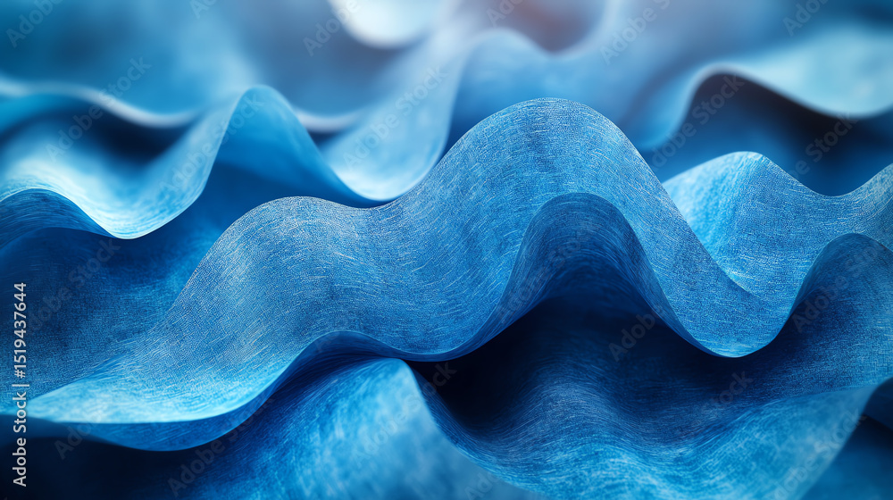 Poster Close-up view of textured blue paper with waves and folds, creating an abstract and visually appealing pattern.
