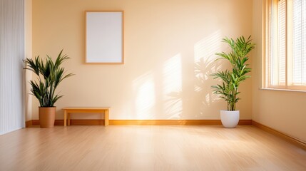 Fototapeta premium Bright and Minimalist Indoor Space with Natural Light, Plants, and Blank Frame Ready for Art Display