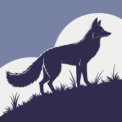 Silhouette of a Fox Standing on a Hill Under a Full Moon