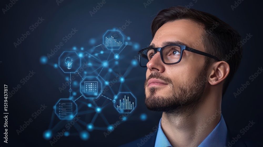 Poster business man with glasses contemplating digital connections and data visualization in futuristic set